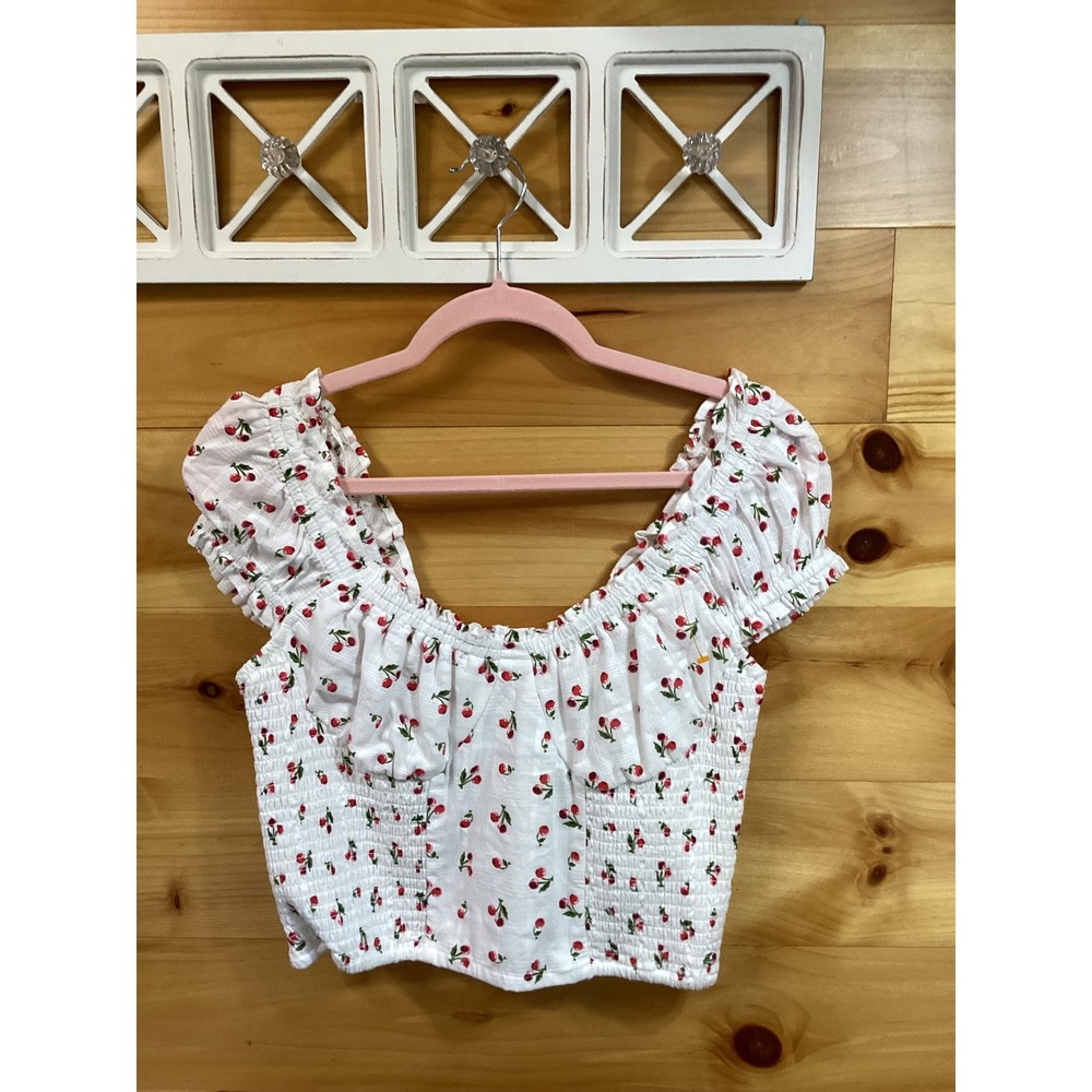 Japna Women Cherry Print Smocked Crop Top White Red Puff Sleeve Size L Fruit
